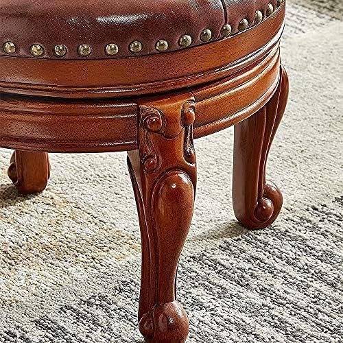Solid Wood Foot Stool Round Ottoman Mid-Century Footrest Sofa Stool with Microfiber Leather Cushion for Living Room, Bedroom, Entryway (Brown)