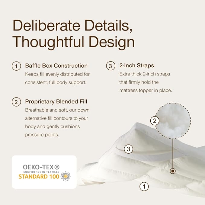 Coop Home Goods Essence Down Alternative Mattress Topper Full, Plush 2-Inch Gusset and Baffle Box Design for Even Support and Comfort, Premium Bed Topper for Pressure Relief, Oeko-TEX Certified