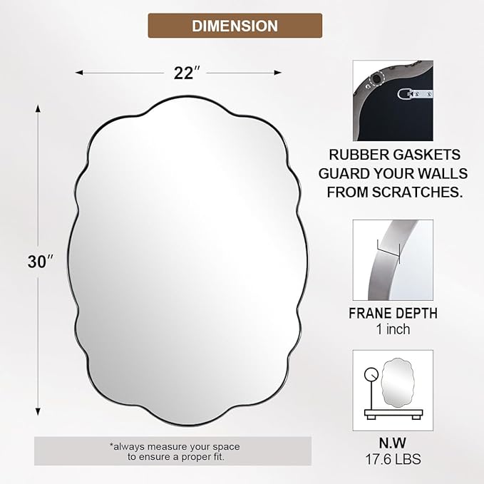 ANDY STAR Brushed Nickel Mirror Scalloped Edge - Modern Bathroom Wall Mirror 22x30 Inch, Corrosion Resistant, Easy Clean SUS Frame