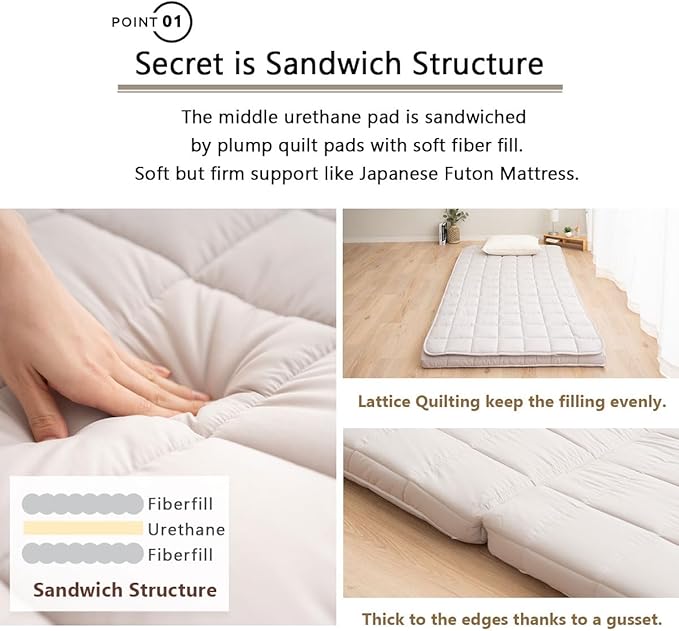 EMOOR Japanese Tri-fold Futon Mattress Machi with Mattress Pad King Gray, Gusset Foldable Storable Washable Floor Sleeping Guest Bed Tatami Mat