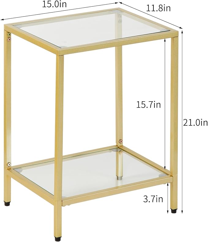 Modern 2-Tier Tempered Glass End Table - Stylish Black Metal Side Table for Small Spaces, Perfect for Living Room & Bedroom (Gold, 1PCS)