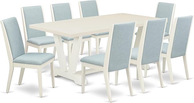 East West Furniture V027LA015-9 9 Piece Dining Set Includes a Rectangle Dining Room Table with V-Legs and 8 Baby Blue Linen Fabric Upholstered Parson Chairs, 40x72 Inch, Multi-Color