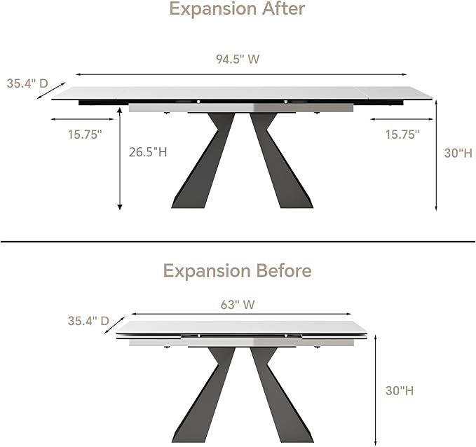 Extendable Dining Table for 8-12 Seat, Flexible Stretch, Tabletop Made from Rock Plate and Tempered Glass, Solid Carbon Steel Base, 35.4" D x 94.5" W x 30" H, White Top
