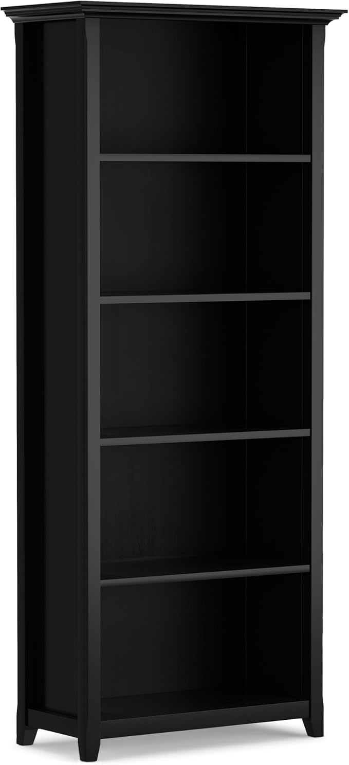 SIMPLIHOME Amherst Bookcase - 70 inch Tall 5-Shelf Solid Wood Bookshelf in Black, Transitional Storage for Living Room, Study Room or Office with Adjustable Shelves and Tapered Legs