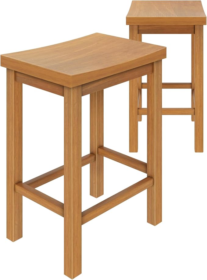 Grain & Grove Smith Collection Set of 2 Solid Wood Counter Height Bar Stools, 24-Inch Saddle Seat Backless Stools, Ideal for Kitchen Island, Dining, or Home Bar Seating, Pecan