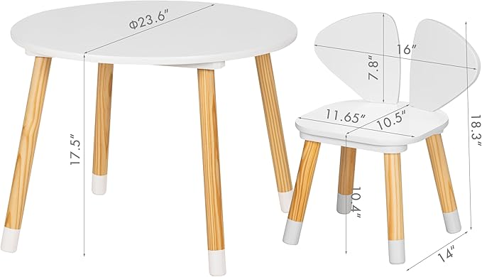 UTEX Kids Table and Chair Set, Toddler Table with Elephant Ear Chairs, 3 Pieces Kids Round Table for Toddlers, Girls, Boys,White