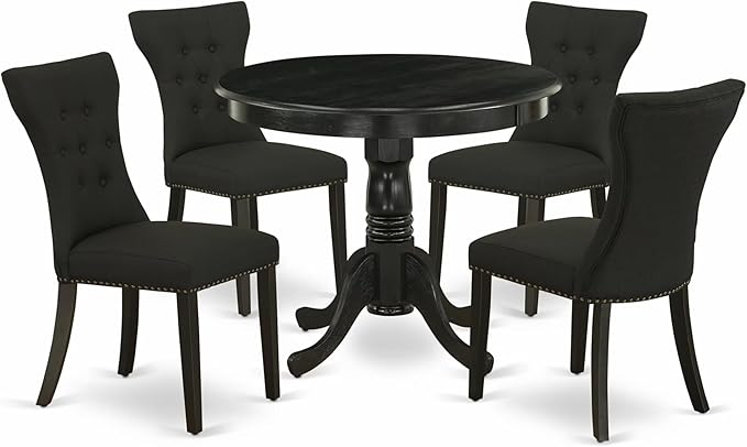 East West Furniture ANGA5-ABK-24 5 Piece Dining Table Set for 4 Includes a Round Kitchen Table with Pedestal and 4 Black Linen Fabric Parsons Dining Chairs, 36x36 Inch, Wirebrushed Black