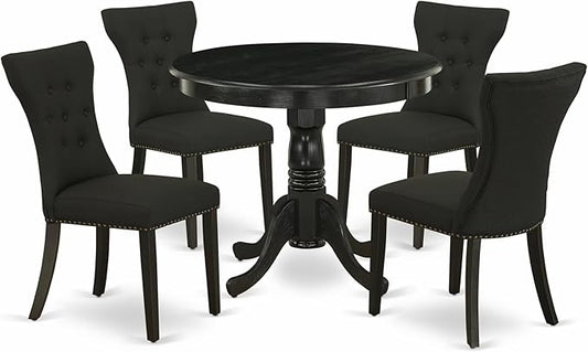 East West Furniture ANGA5-ABK-24 5 Piece Dining Table Set for 4 Includes a Round Kitchen Table with Pedestal and 4 Black Linen Fabric Parsons Dining Chairs, 36x36 Inch, Wirebrushed Black