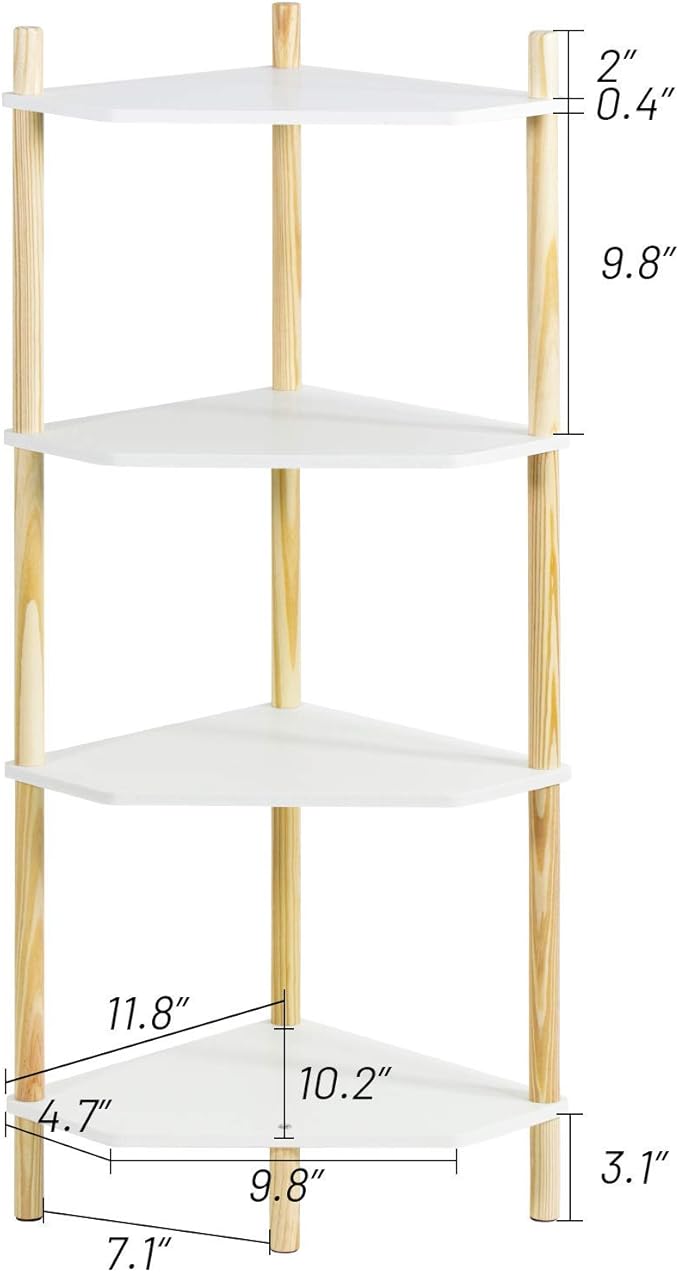 LITA Modern Wood Side Table, Triangular Accent End Table Plant Night Stand with Magazine Storage for Bedroom, Living Room, Bathroom, White, 4- Tier