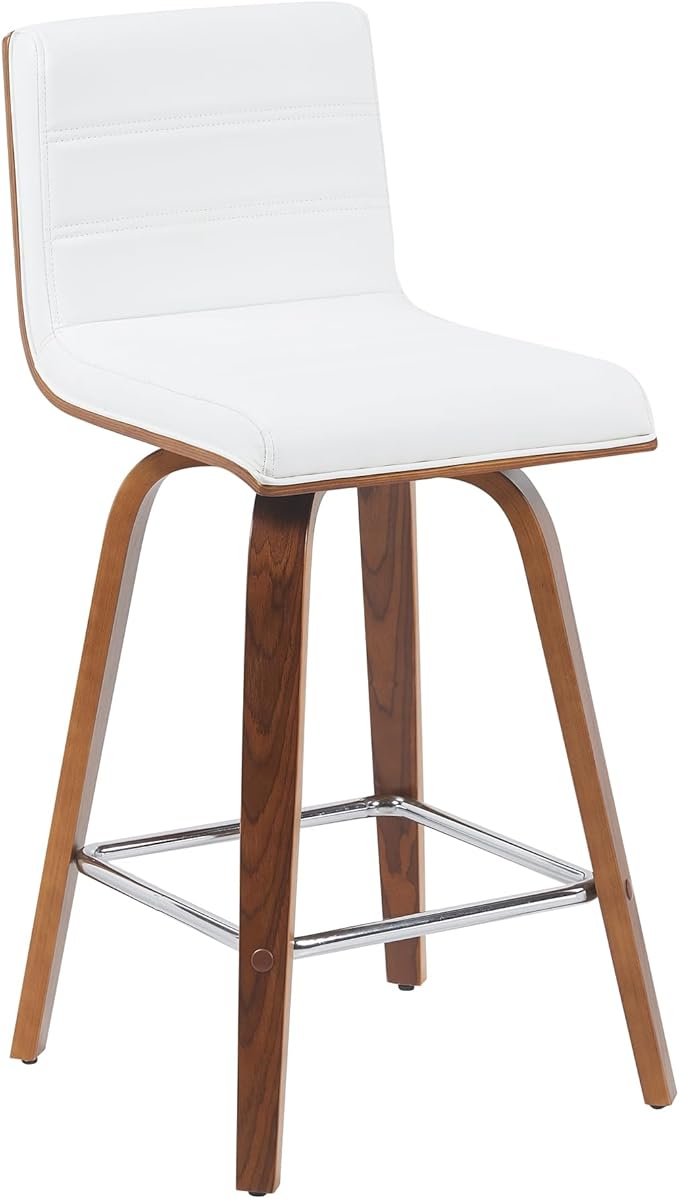 Vienna Modern Counter Height Swivel Bar Stool with Snow White Faux Leather Seat and Walnut Finished Wood Frame Set of 4