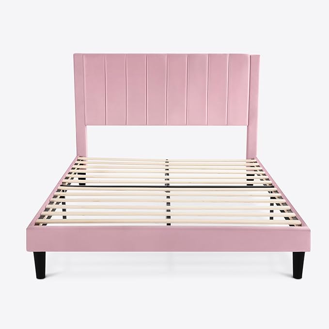 SHA CERLIN Queen Bed Frame/Velvet Upholstered Platform Bed Frame with Headboard/Strong Wood Slats Support/Mattress Foundation/No Box Spring Needed - Pink