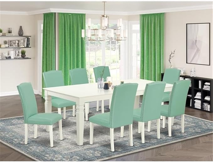 East West Furniture LGEN9-LWH-57 9 Piece Modern Dining Table Set Includes a Rectangle Wooden Table with Butterfly Leaf and 8 Pond Faux Leather Upholstered Chairs, 42x84 Inch, Linen White