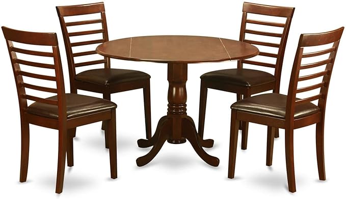 East West Furniture DLML5-MAH-LC 5 Piece Modern Dining Table Set Includes a Round Wooden Table with Dropleaf and 4 Faux Leather Upholstered Dining Chairs, 42x42 Inch, Mahogany