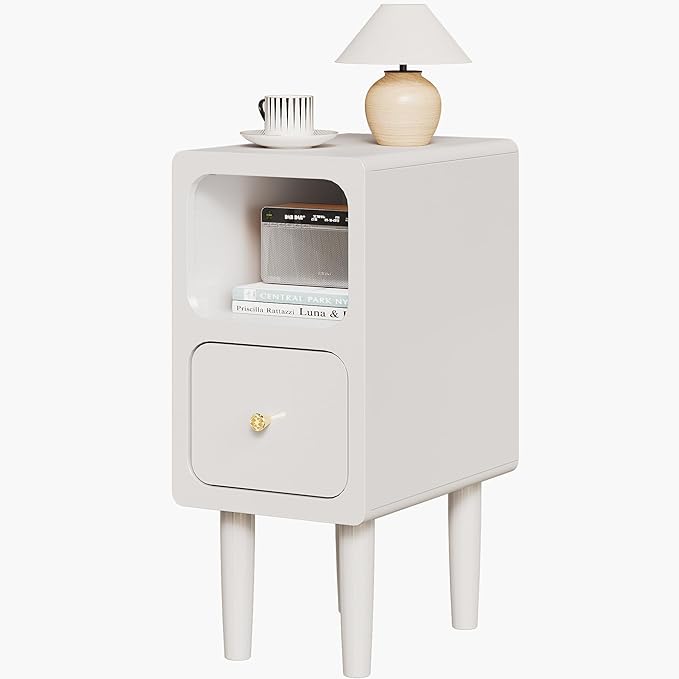 Narrow Nightstand, Solid Wood Night Stand with Drawers, White Mid Century Modern Nightstand, Small Beside Table with Open Storage Shelf for Bedroom (10 inch)