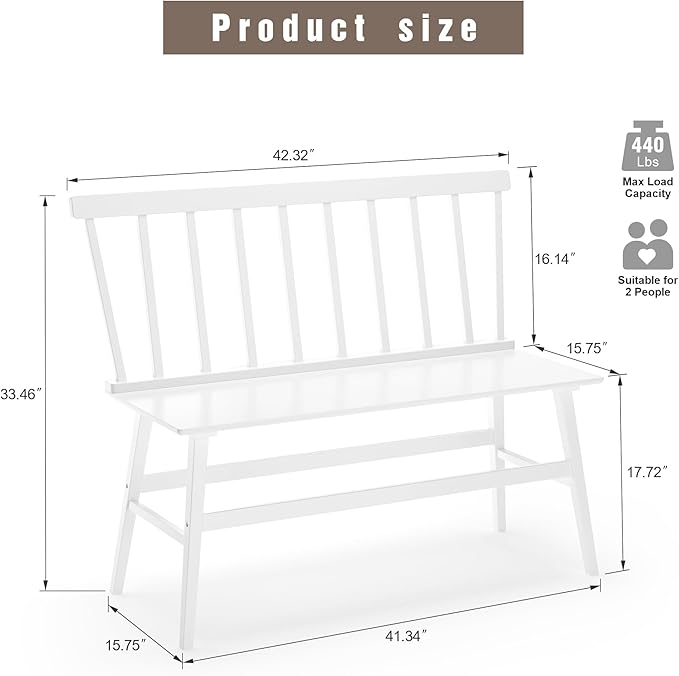 Bamboo Dining Bench, Wooden White Entryway Bench with Spindle Back Farmhouse Wood Windsor for Foyer Balcony Living Room Comfortable Winsor Chair Benches for Home