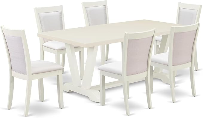 East West Furniture V027MZ001-7 7 Piece Dining Set Consist of a Rectangle Dining Room Table with V-Legs and 6 Cream Linen Fabric Upholstered Parson Chairs, 40x72 Inch, Multi-Color