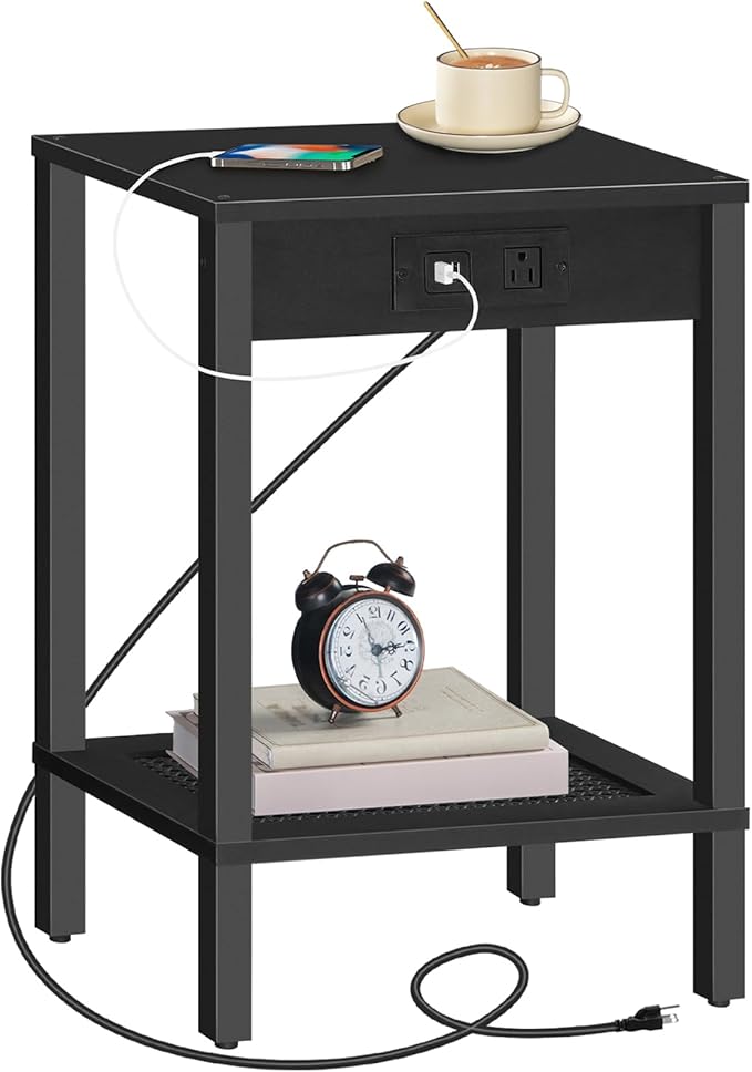 HOOBRO Side Table with Charging Station, End Table with USB Ports and Outlet, Nightstand with Storage Shelf, Faux Rattan Decoration, for Living Room, Bedroom, Black BK91UBZ01
