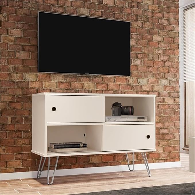 Manhattan Comfort Baxter 35" Mid Century TV Stand for Bedroom and Living Room Use, Entertainment Center with Storage, Shelves and Sliding doors, Ideal for 32 to 40 Inch Screens, Off White