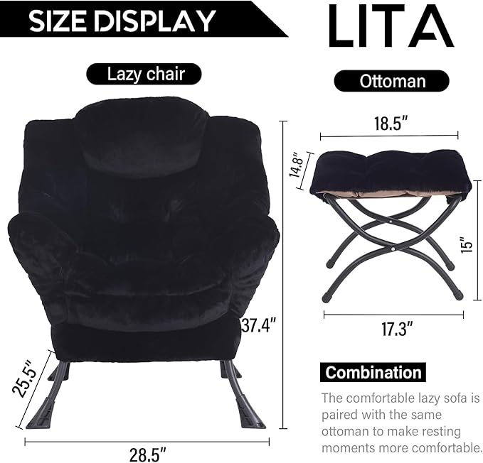 LITA Lazy Chair with Ottoman, Modern Accent Leisure Upholstered Sofa Chair, Lounge Reading Chair with Armrests and a Side Pocket for Living Room, Bedroom & Small Space, Plush Black