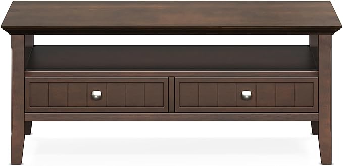 SIMPLIHOME Acadian Coffee Table - 48 inch Wide Solid Wood Transitional Cocktail Table with 2 Drawers in Brunette Brown, Classic Living Room Table with Storage Shelf and Tapered Legs