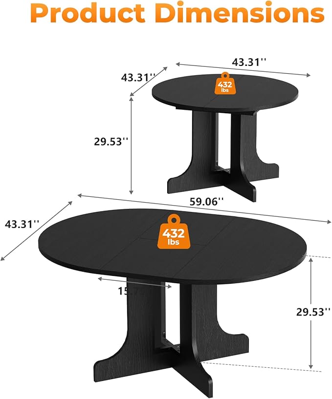 43"-59" Expandable Round Dining Table, Extendable Dining Room Table for 4-6, Oval Tabletop with Removable Leaf, Trestle X-Shaped Base & Metal Track for Dining Room, Living Room-Black