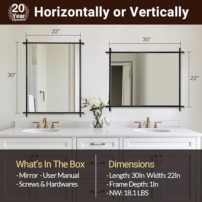 ANDY STAR Black Bathroom Vanity Mirror, 22x30 Inch Vintage Cross Corner Mirrors for Bathroom in 1’’ Stainless Steel Frame Minimalist for Home Decor Wall Mounted Horizontal/Vertical