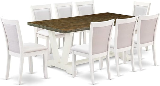 East West Furniture V077MZ001-9 9 Piece Modern Dining Table Set Includes a Rectangle Wooden Table with V-Legs and 8 Cream Linen Fabric Parson Dining Chairs, 40x72 Inch, Multi-Color