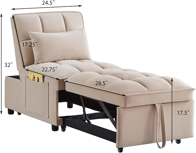 KEIKI Velvet Single Convertible Sleeper Chair Sofa Bed with Adjustable Backrest, Pillows & Storage Pockets, 3 in 1 Pull-Out Couch Chaise Lounge Recliner for Living Room Balcony Bedroom, Taupe