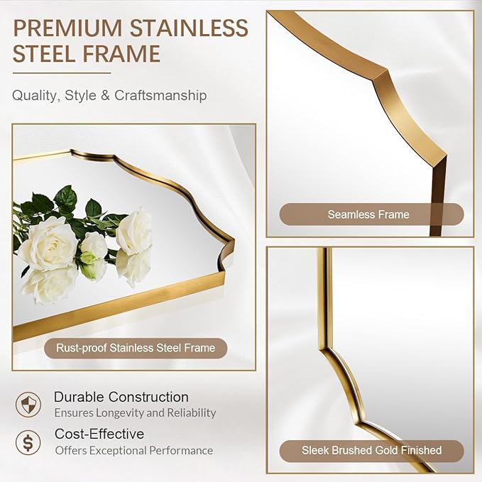 ANDY STAR 24x40 Inch Gold Mirror, Brushed Gold Bathroom Mirror, Antique Brass Rectangle Mirror, Large Wall Mirror Decorative for Bedroom, Living Room, Entryway, Wave Inspired Style