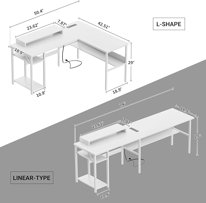 Unikito Reversible L Shaped Computer Desk with Power Outlets and Monitor Stand, Sturdy Corner Desk with RGB LED Light and Storage Shelves, Modern Work Desk for Home Office, Easy to Assemble, White