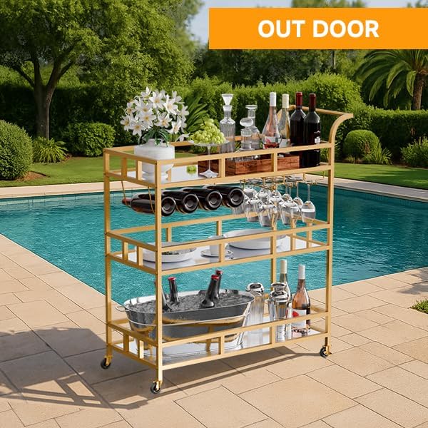 TONGMO Gold Bar Carts with 3 Tier Mirror Shelves, Home Bar Cart with Wine Rack and Glass Holder, Perfect for Indoor and Outdoor Use, Stylish and Functional Kitchen and Entertainment Space Addition