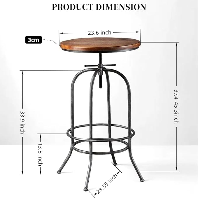 Rustic Bar Table Vintage Bistro Table Industrial Pub Table for Kitchen Coffee House Office Computer Desk Swivel Round Wooden Top 37.4-45.3inch Height Adjustable