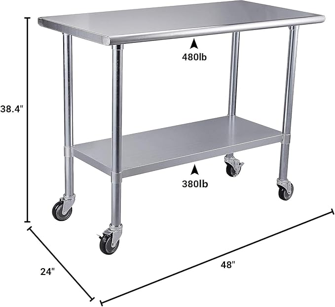 ROCKPOINT Stainless Steel Table for Prep & Work with Caster Wheels 24x48 Inches, NSF Metal Commercial Kitchen Heavy Duty Table with Adjustable Under Shelf and Table Foot for Restaurant, Home and Hotel