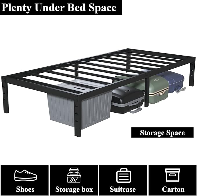 Twin XL Bed Frame No Box Spring Needed, 14 Inch Heavy Duty Metal Platform Bed Frame Twin XL Size with Storage, 2500lbs Steel Slats Support, Easy Assembly, Black