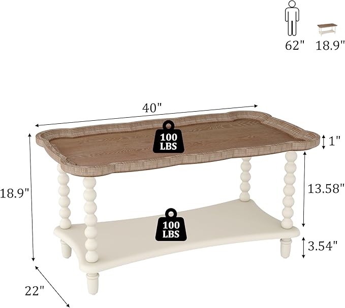 Function Home Farmhouse Coffee Table, Rustic White French Country Center Table with Storage Shelf, Wood Coffee Tables for Living Room Dining Room, Natural Tray Top and Vintage White Spindle Legs