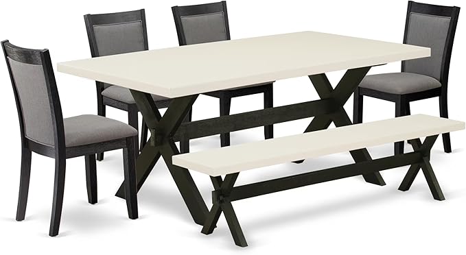 East West Furniture X627MZ650-6 6 Piece Dining Table Set Contains a Rectangle Kitchen Table and 4 Dark Gotham Grey Linen Fabric Parson Chairs with a Bench, 40x72 Inch, Multi-Color