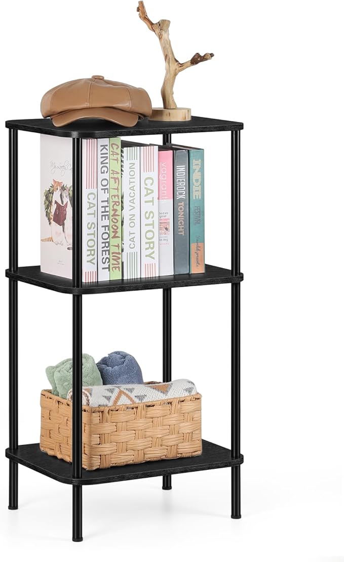 smusei 3 Tier Small End Table Tall Telephone Table with Storage Shelves Black Sidetable for Small Spaces Tall Night Stand Table for Bedroom, Living Room, Office, Sofa Couch