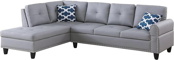 Ball & Cast 98" L Shaped Sectional Couch for Living Room,4 Seat Faux Leather Upholstered Modular Sectional Sofa Set 2 PCS with Chaise,Nailhead Trim,Cup Holders,Coffee Table and 2 Pillows for Home,Gray