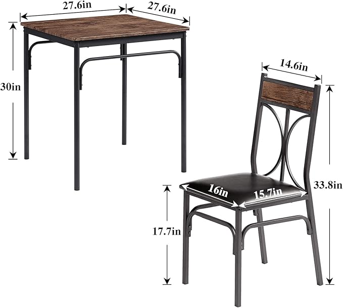 VECELO Kitchen Dining Room Table Set with 2 Chairs for Small Space, Apartment,Metal Steel Frame