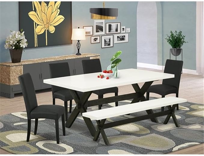 East West Furniture X627DR124-6 6 Piece Dining Table Set Contains a Rectangle Wooden Table with X-Legs and 4 Black Color Linen Fabric Parson Chairs with a Bench, 40x72 Inch, Multi-Color