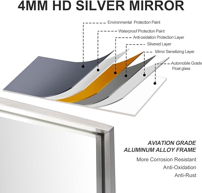30x40 Inch Silver Bathroom Mirror - Copper-Free Mirror, Aluminum Alloy Frame Vanity Rectangle Wall Mounted Modern Mirror for Bedroom/Living Room/Porch Horizontal or Vertical