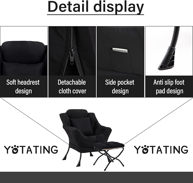 Lazy Chair with Ottoman, Comfy Reading Chair with Footstool & Pillow Modern Lounge Chair with Armrests & Side Pocket for Living Room, Bedroom, Dorm Room，Black