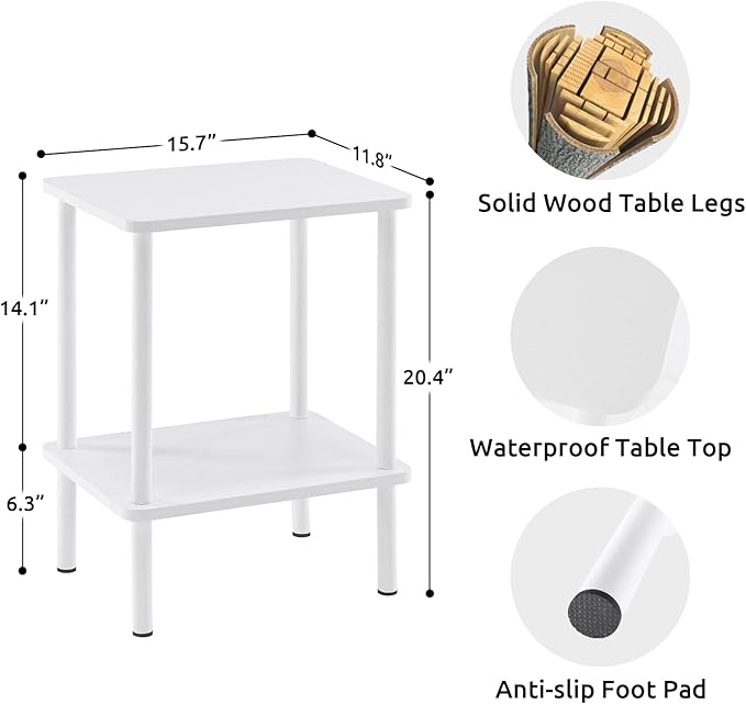 Apicizon 2 Tier End Table Set of 2, Small Side Table with Solid Wood Legs, Boho Bedside Table with Storage Shelf, Nightstand for Small Spaces, Bedroom, Living Room, Entryway, Easy Assembly, White