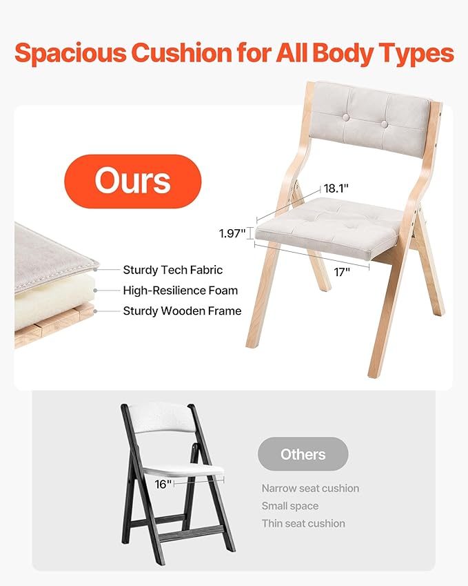 VEVOR Wooden Folding Chairs with Cushion, Set of 2, Portable Foldable Cushion Chair with Wooden Frame, Modern Padded Dining Chair for Kitchen, Office, Wedding, Party, Dining Room, Easy Assembly, Beige