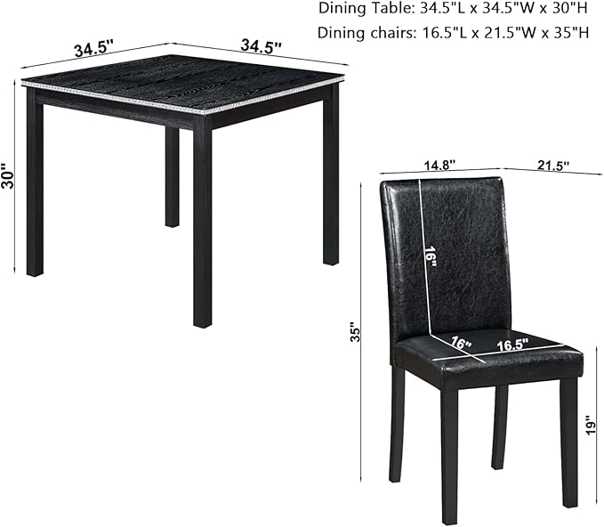 Dining Table Set for 4, 5-Piece Dining Room Table Set with Square Crystal Decoration Table & 4 Upholstered Backrest Chairs, Counter Height Kitchen Sets with Faux Wood Grain Design, Black