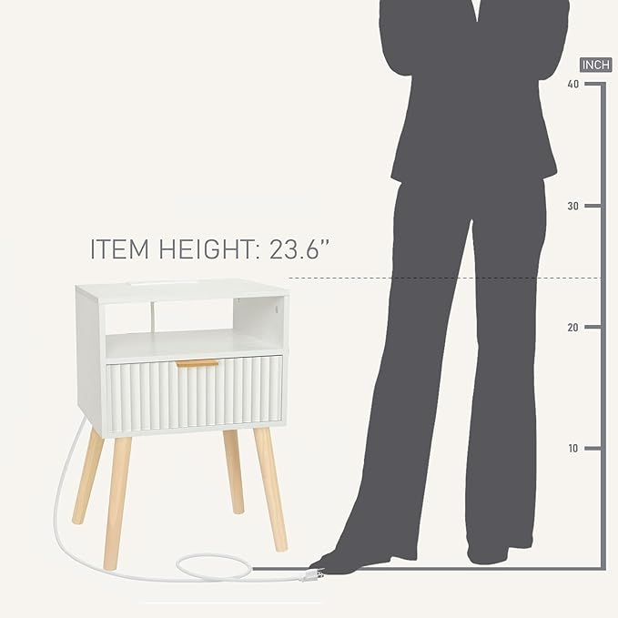 White Nightstand with Charging Station, Modern Bedside Table with Drawer and Solid Wood Legs, Fluted End Side Table for Bedroom, Dorm and Small Space (White)