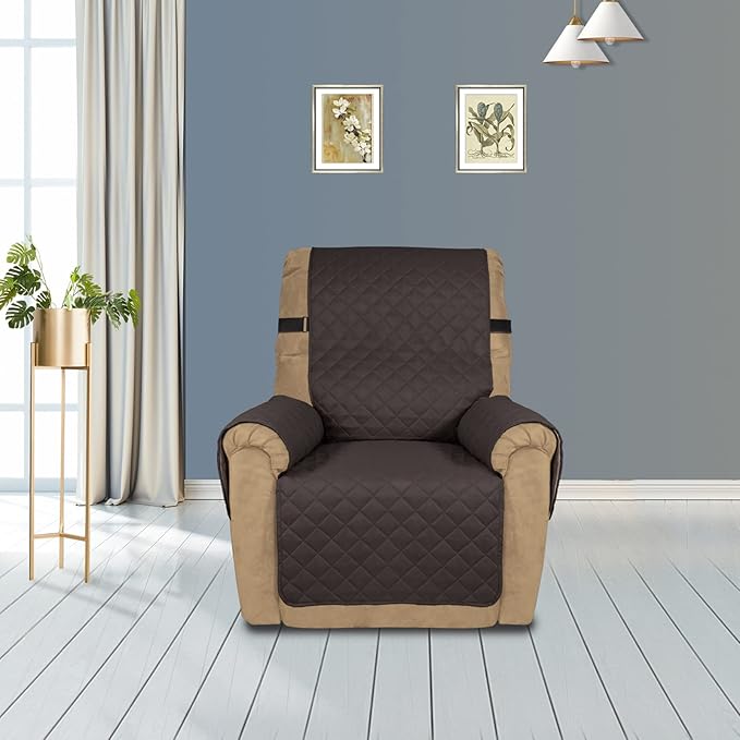 PureFit Reversible Sofa Cover Water Resistant Recliner Couch Cover, Machine Washable Furniture Cover with Adjustable Strap for Dogs, Pets (Recliner, Chocolate/Beige)