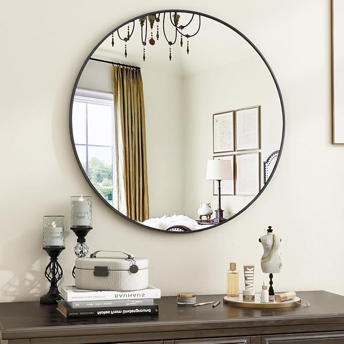 Black Round Bathroom Mirror, 20 inch Circle Wall Mounted Hanging Mirror with Simple Modern Circular Metal Frame for Hallway, Entryway, Living Room, Black Frame