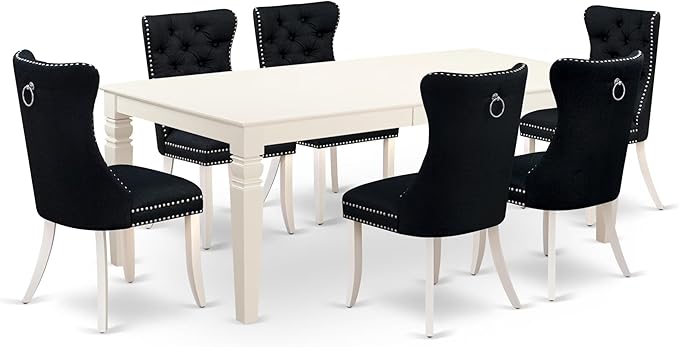 East West Furniture LGDA7-LWH-24 7 Piece Dining Set Includes a Rectangle Kitchen Table with Butterfly Leaf and 6 Polyester Fabric Upholstered Chairs, 42x84 Inch, linen white