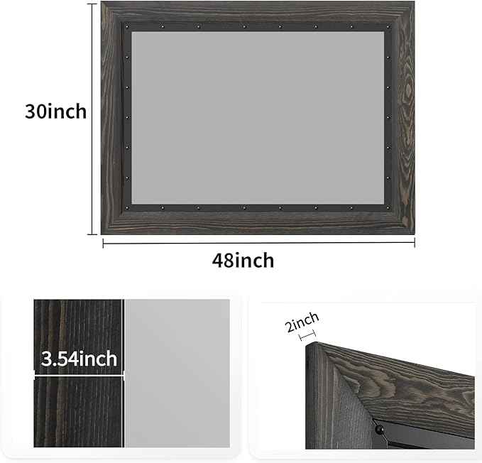 YOSHOOT Rustic Wooden Framed Wall Mirror, 48"x30", Natural Wood and Iron Bathroom Vanity Mirror for Farmhouse Decor, Vertical or Horizontal Hanging